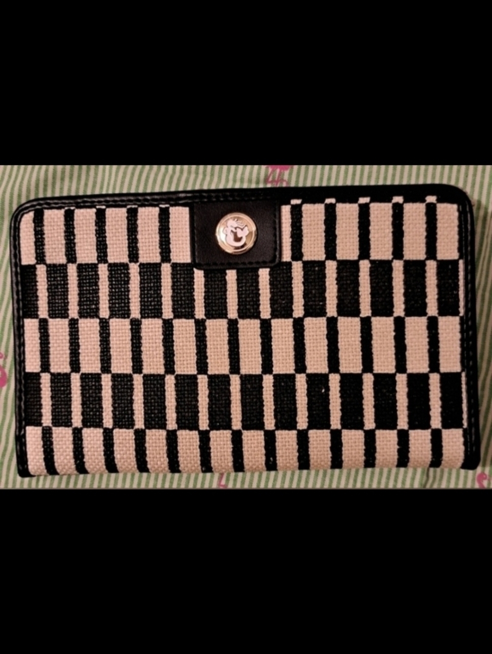 Spartina 449 Black & Beige Linen & Leather Large Snap Bifold Wallet Clutch Bag